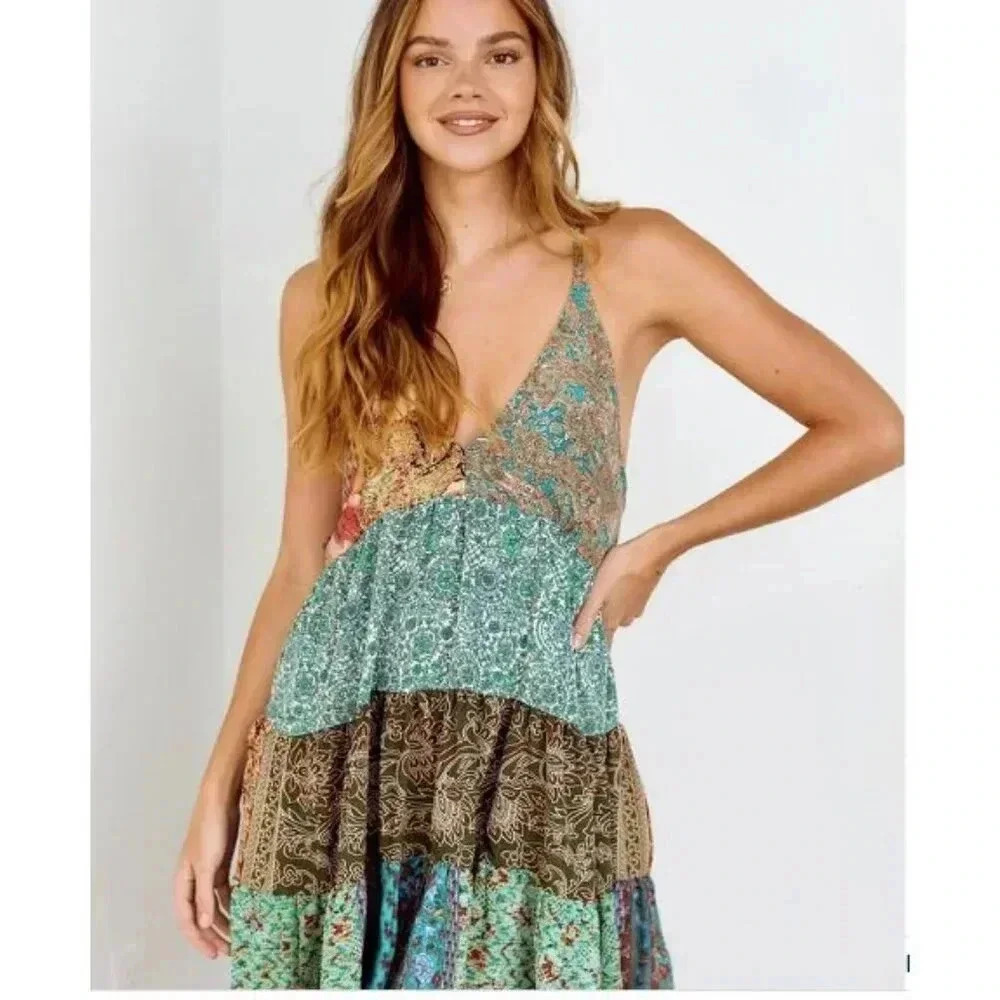 Paani Midi Boho Patchwork Halter Swing Dress Size… - image 1